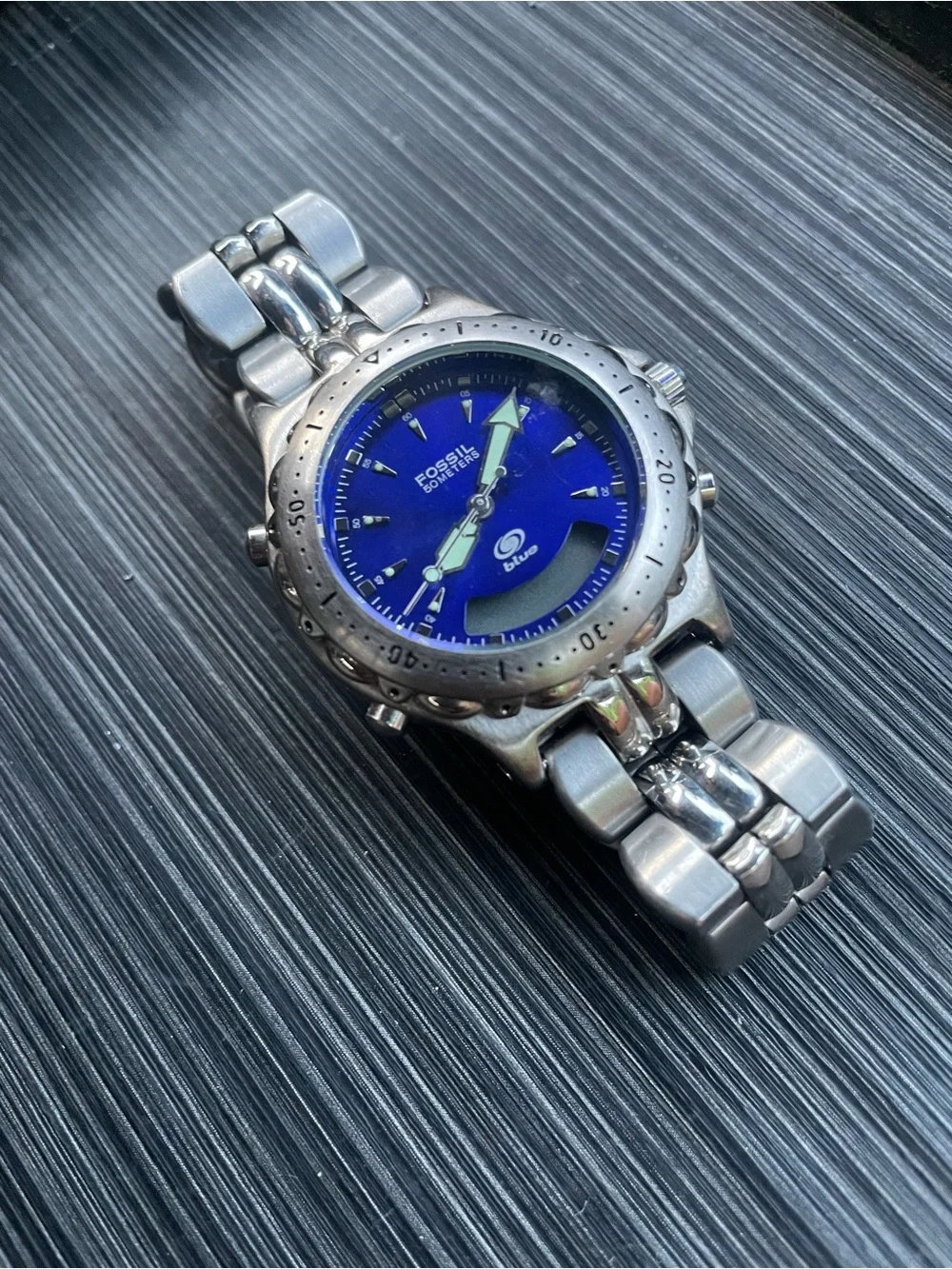 Vintage Fossil Blue Stainless Steel Watch Blue Dial Men’s Quartz Wristwatch